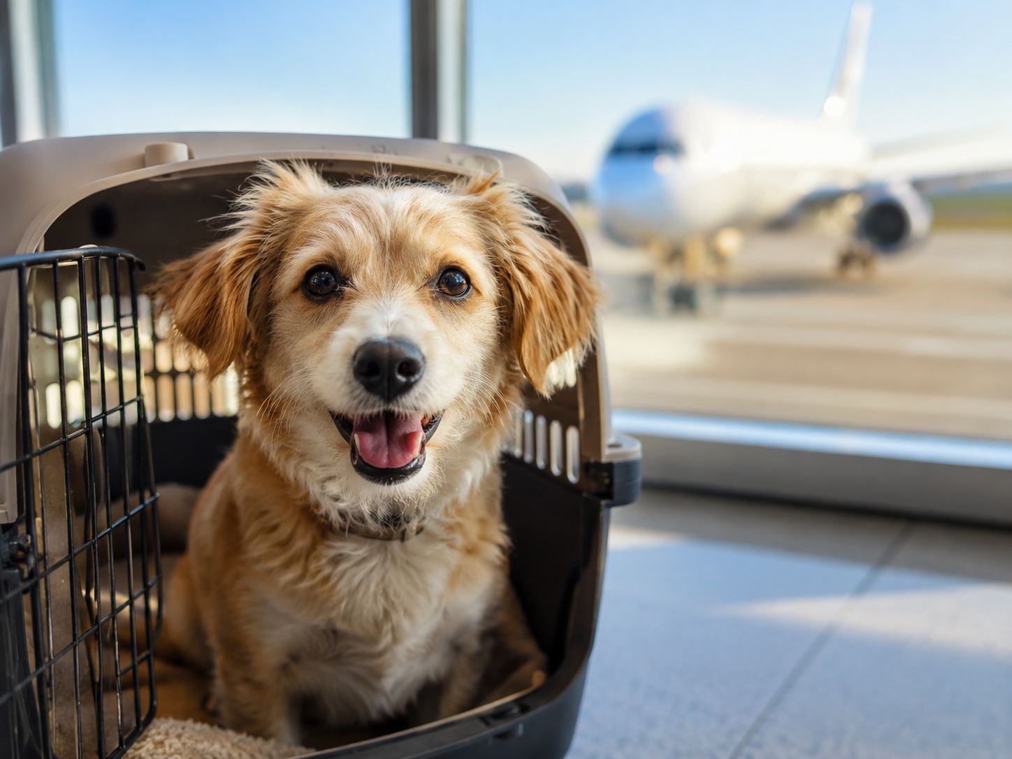Cachorro feliz dentro de transportadora Tibet en aeropuerto
